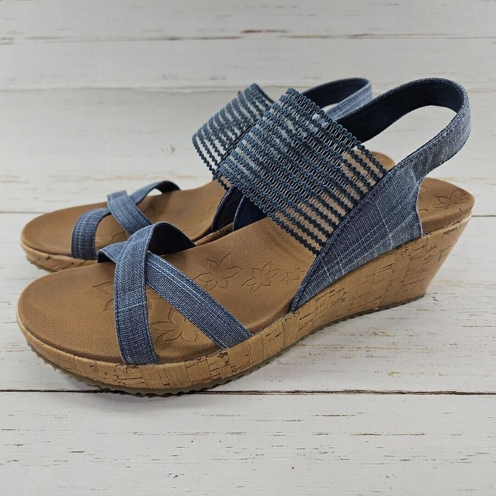 Skechers Beverlee High Tea Womens 10 Blue Strappy Cork Wedge Sandals Shoes 31723